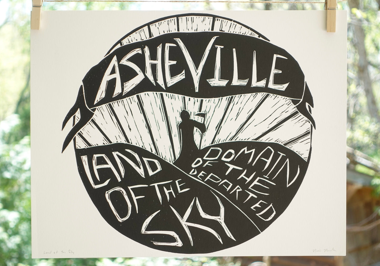 Asheville NC Lino Print - AVL Linocut - 11 x 14 Framed Art Black & White