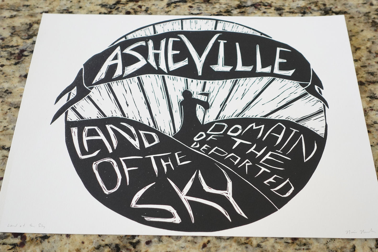 Asheville NC Lino Print - AVL Linocut - 11 x 14 Framed Art Black & White