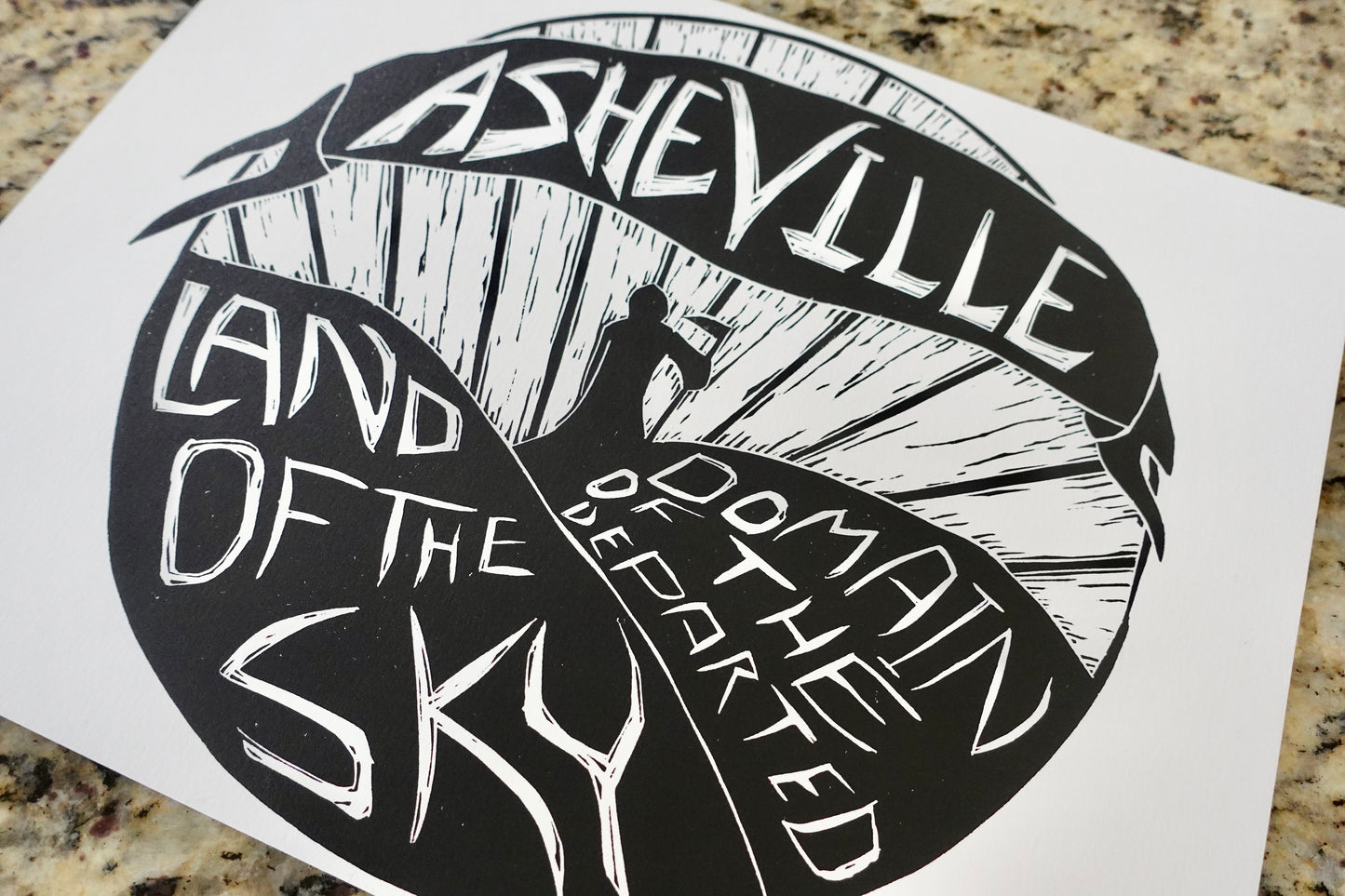 Asheville NC Lino Print - AVL Linocut - 11 x 14 Framed Art Black & White