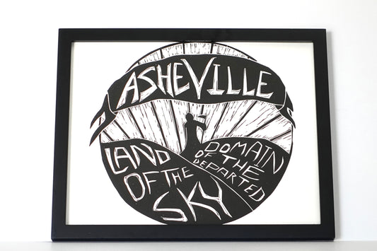 Asheville NC Lino Print - AVL Linocut - 11 x 14 Framed Art Black & White