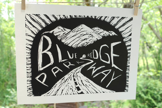 Blue Ridge Parkway Linocut Print - Lino 11 x 14 Framed Black & White Print