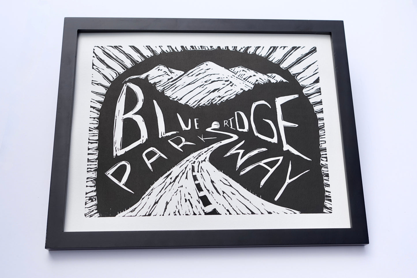 Blue Ridge Parkway Linocut Print - Lino 11 x 14 Framed Black & White Print