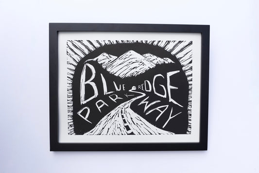 Blue Ridge Parkway Linocut Print - Lino 11 x 14 Framed Black & White Print