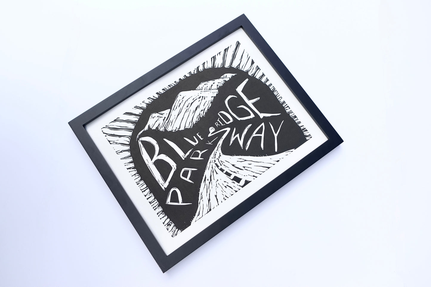 Blue Ridge Parkway Linocut Print - Lino 11 x 14 Framed Black & White Print