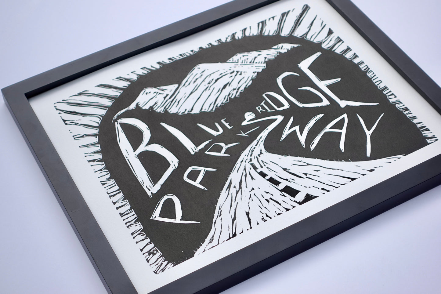 Blue Ridge Parkway Linocut Print - Lino 11 x 14 Framed Black & White Print