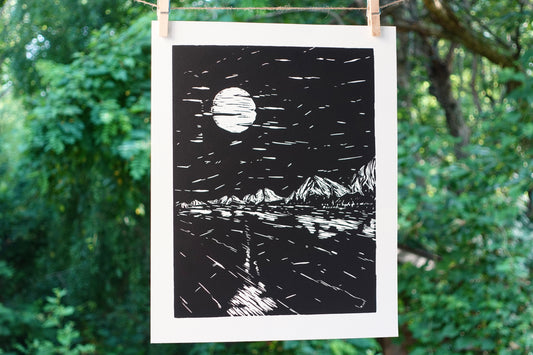 Linocut Print Mountain Lake Landscape - Framed Black & White Block Print 11 x 14