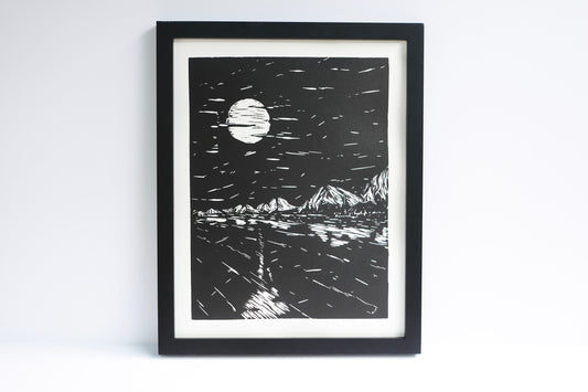 Linocut Print Mountain Lake Landscape - Framed Black & White Block Print 11 x 14