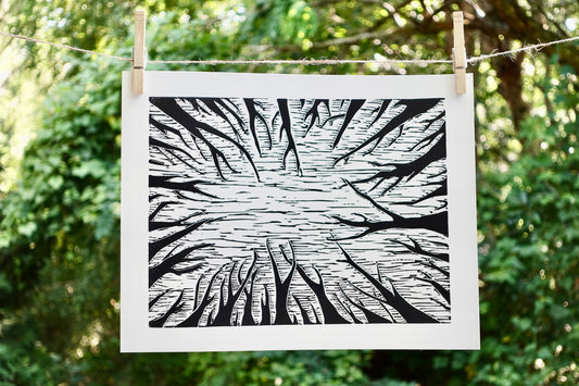 Tree Canopy Linocut Print - Relief Print - 11 x 14 Framed Art Black & White Landscape