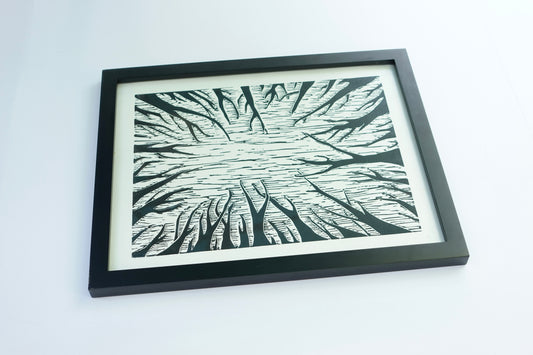 Tree Canopy Linocut Print - Relief Print - 11 x 14 Framed Art Black & White Landscape