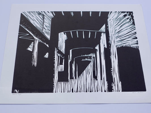 Linocut Print Bridge - Black & White Block Print 11 x 14 - Framed Architecture