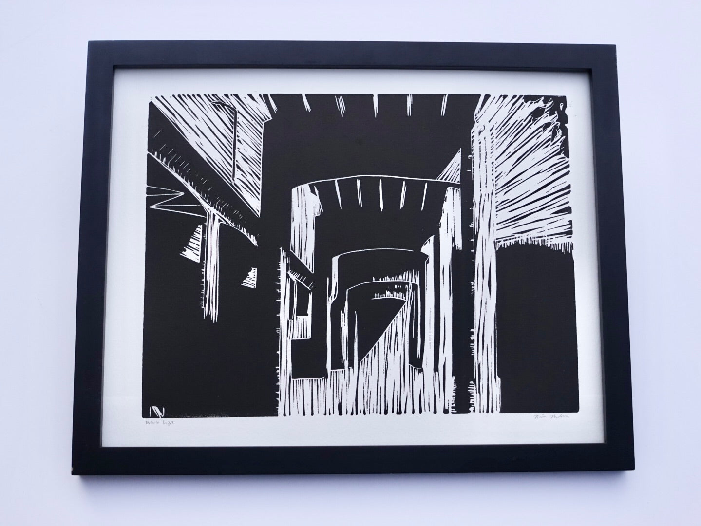 Linocut Print Bridge - Black & White Block Print 11 x 14 - Framed Architecture