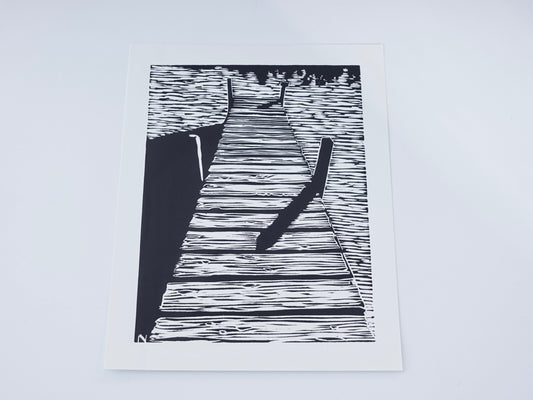 Linocut Print Lake Landscape - Black & White Block Print 11 x 14 - Outdoors