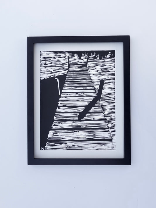 Linocut Print Lake Landscape - Black & White Block Print 11 x 14 - Outdoors