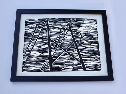 Linocut Print - Black & White Block Print 11 x 14 - Framed 'Middle City'