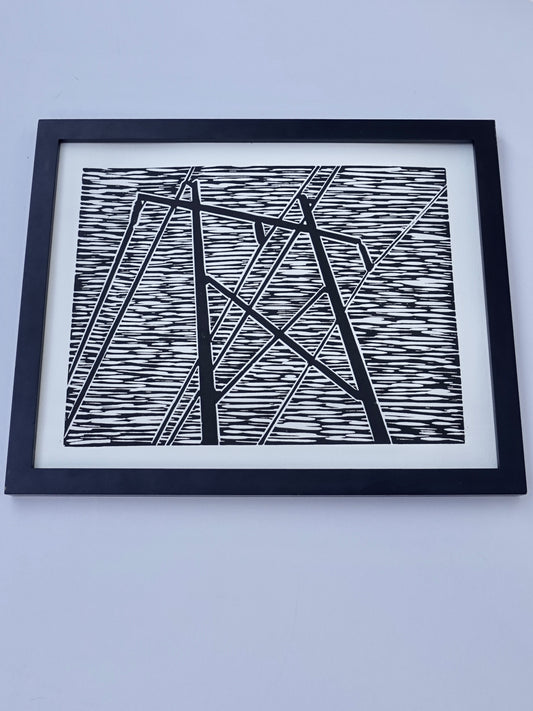 Linocut Print - Black & White Block Print 11 x 14 - Framed 'Middle City'