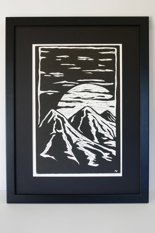 Linocut Print - Mountain & Moon - Large Framed Block Print Wall Art Asheville NC - Large