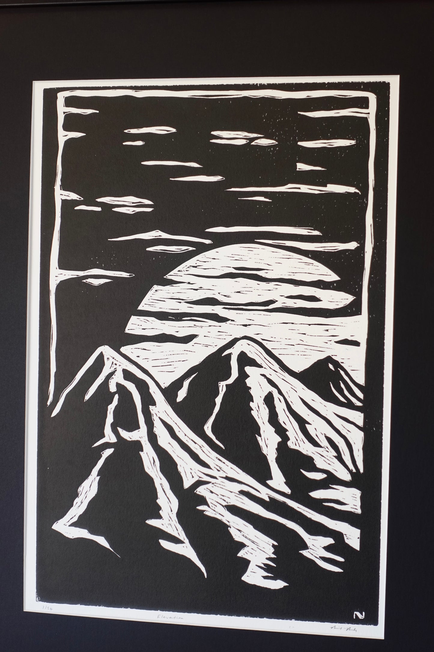 Linocut Print - Mountain & Moon - Large Framed Block Print Wall Art Asheville NC - Large