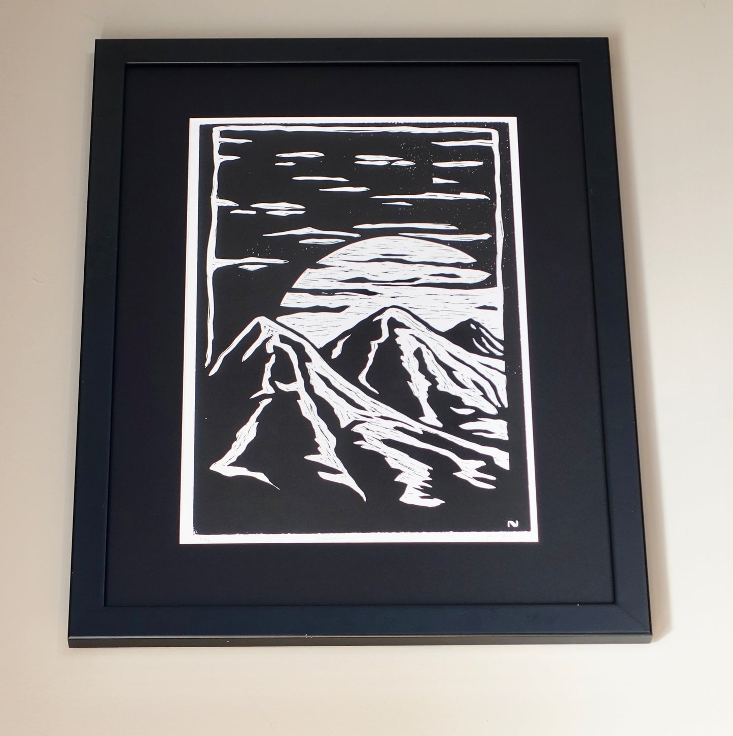 Linocut Print - Mountain & Moon - Large Framed Block Print Wall Art Asheville NC - Large