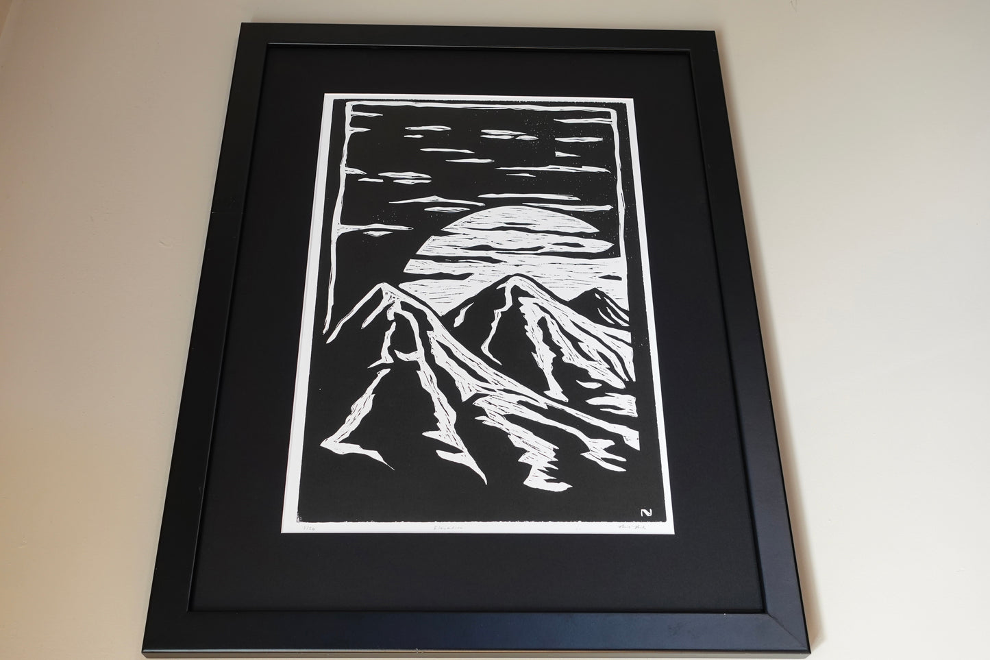 Linocut Print - Mountain & Moon - Large Framed Block Print Wall Art Asheville NC - Large