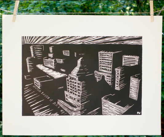 Asheville NC City Skyline Linocut Print - Handmade Original Print - Large