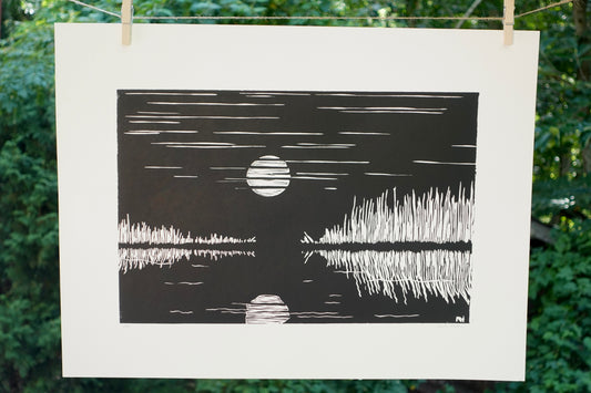 Lino Print - Black and White - Outdoors Lake Water Linocut Print Handmade - Large